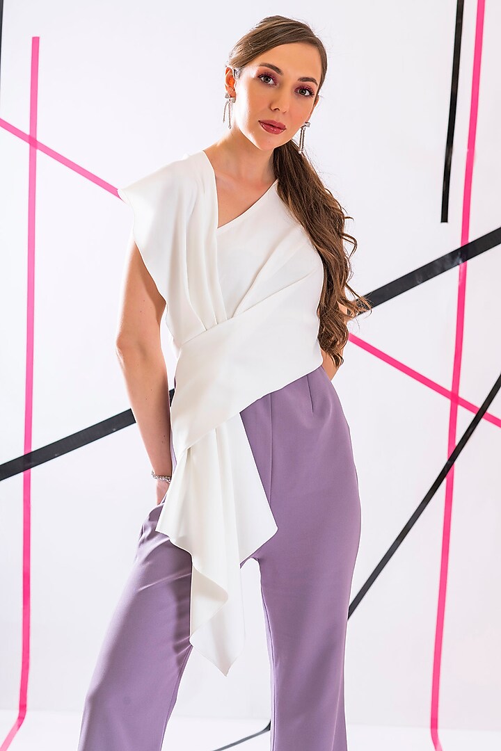 White Crepe Draped Jumpsuit by Pranati Kejriwal at Pernia's Pop Up Shop
