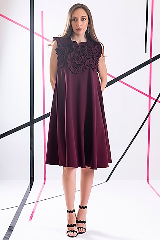 Wine Crepe A-line Dress by Pranati Kejriwal