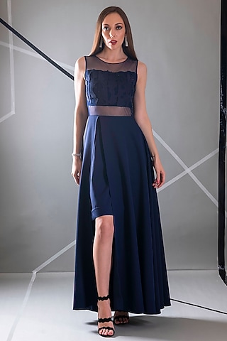 Cobalt Blue Crepe Dress by Pranati Kejriwal