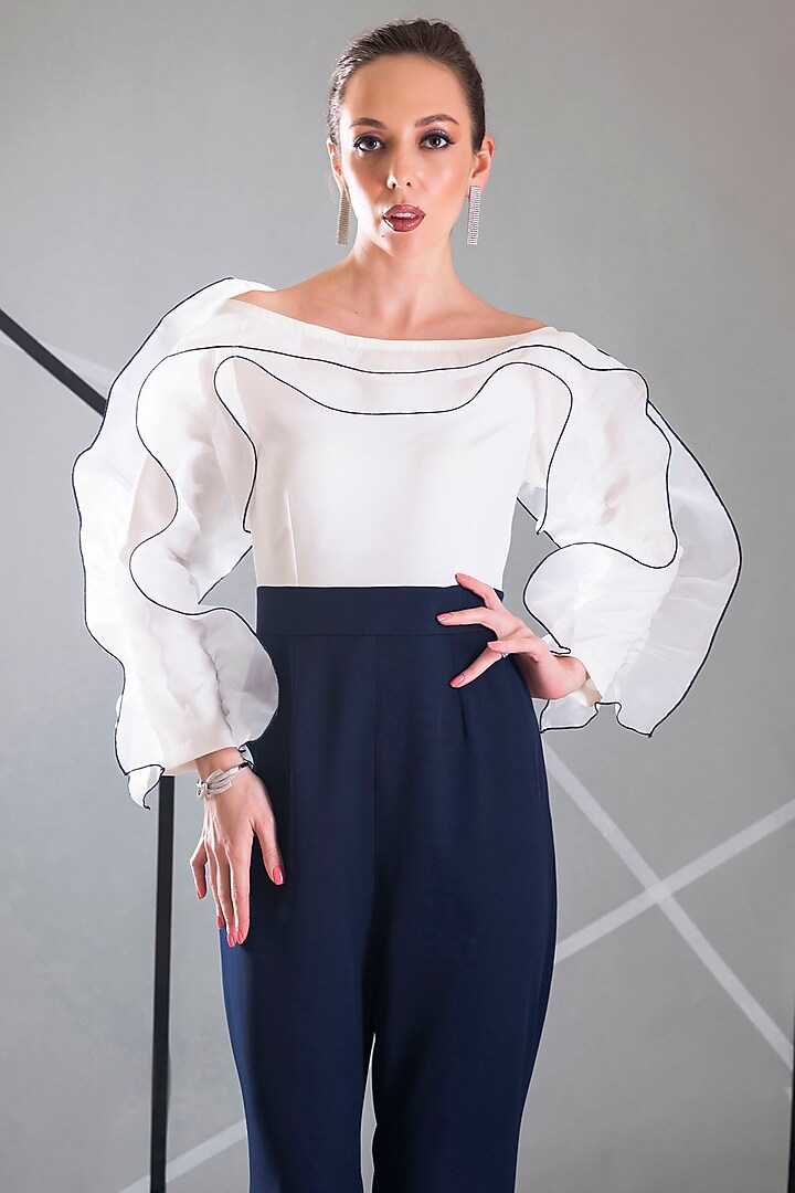 White Crepe & Organza Jumpsuit by Pranati Kejriwal at Pernia's Pop Up Shop