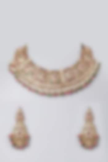 Gold Finish Jadau Necklace Set by Preeti Mohan