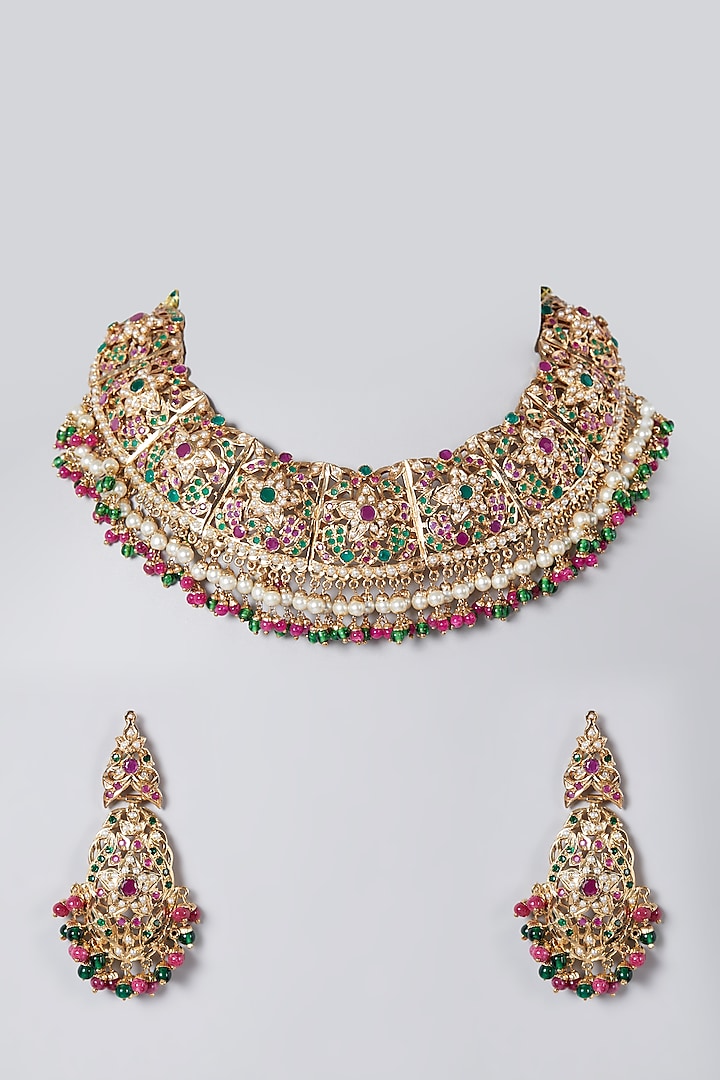 Gold Finish Jadau Necklace Set by Preeti Mohan