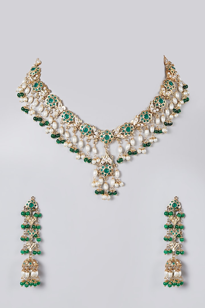 Gold Finish Green Jadau Choker Necklace Set by Preeti Mohan