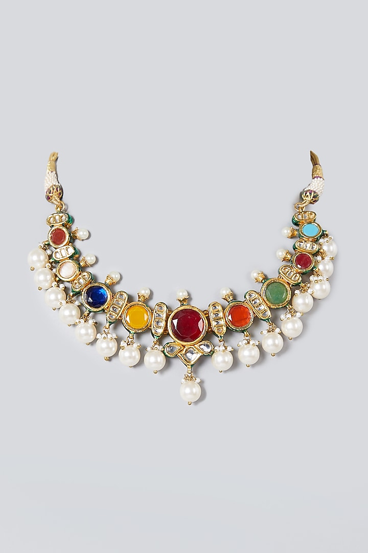Gold Finish Navratan Choker Necklace by Preeti Mohan