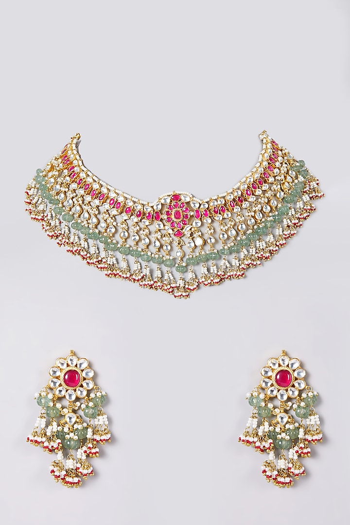 Gold Finish Red & Green Necklace Set by Preeti Mohan