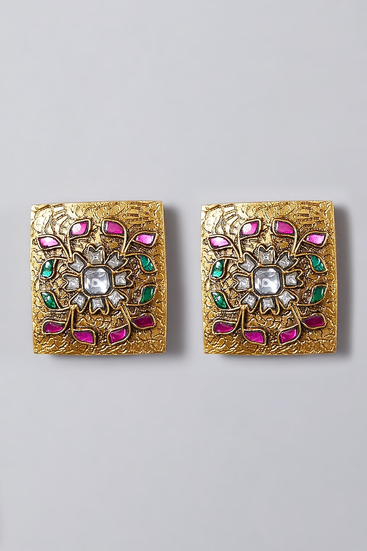 Gold Finish Navratan Stud Earrings by Preeti Mohan at Pernia's Pop Up Shop
