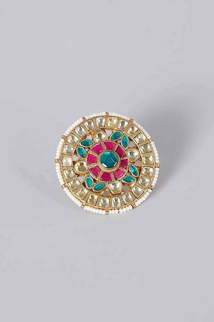 Gold Finish Red & Green Kundan Polki Ring by Preeti Mohan at Pernia's Pop Up Shop