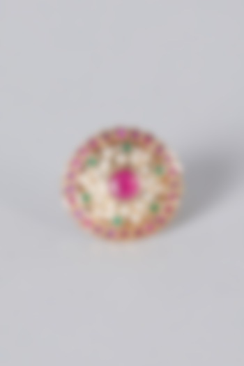 Gold Finish Red & Green Jadau Ring by Preeti Mohan at Pernia's Pop Up Shop
