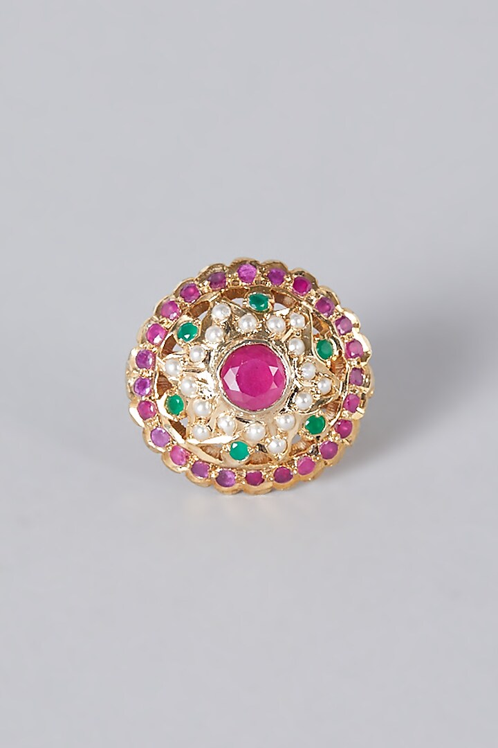 Gold Finish Red & Green Jadau Ring by Preeti Mohan at Pernia's Pop Up Shop