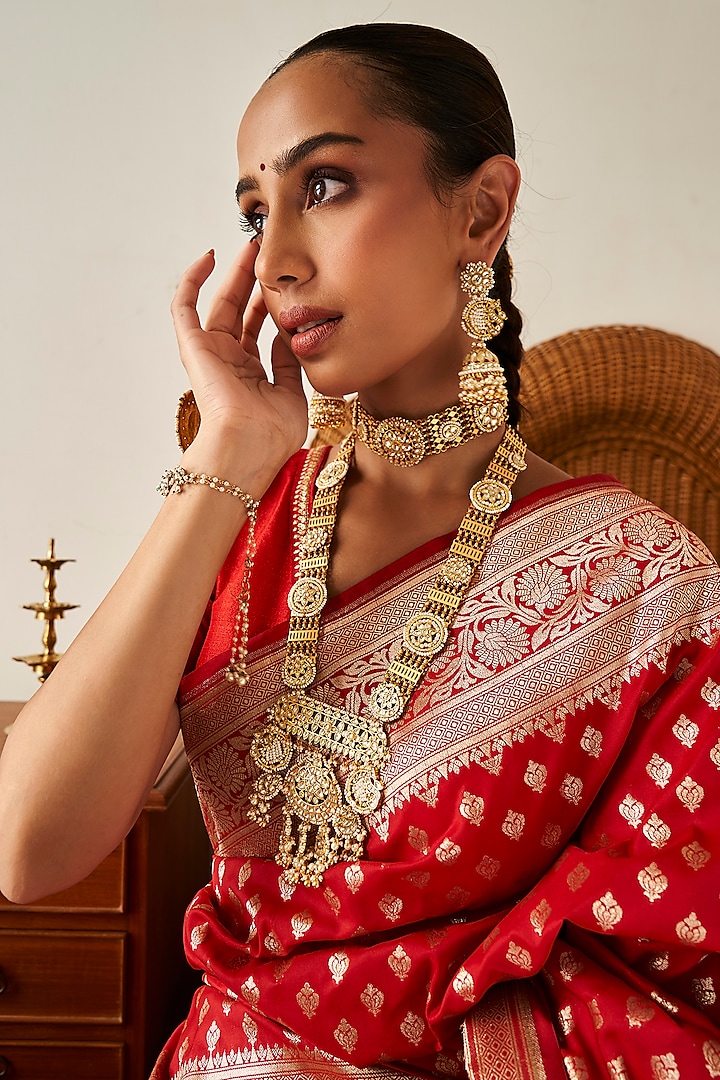 Gold Finish Kundan Polki & Pearl Drop Necklace Set by Preeti Mohan at Pernia's Pop Up Shop