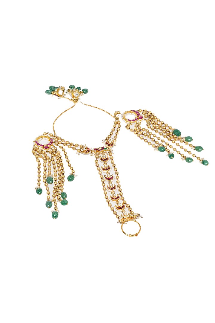 Gold Finish Kundan Polki & Green Onyx Haath Phool by Preeti Mohan at Pernia's Pop Up Shop