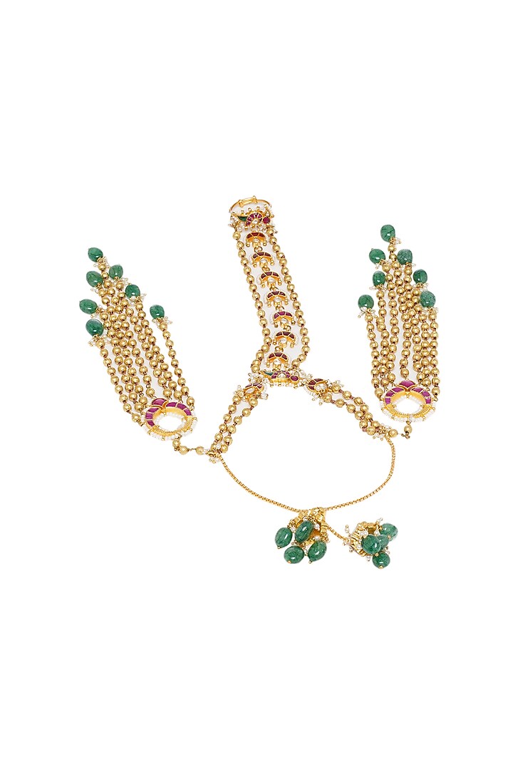 Gold Finish Kundan Polki & Green Onyx Haath Phool by Preeti Mohan at Pernia's Pop Up Shop