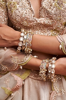Gold Finish Kundan Polki Bangles (Set of 2) by Preeti Mohan-DESIGNER BANGLES