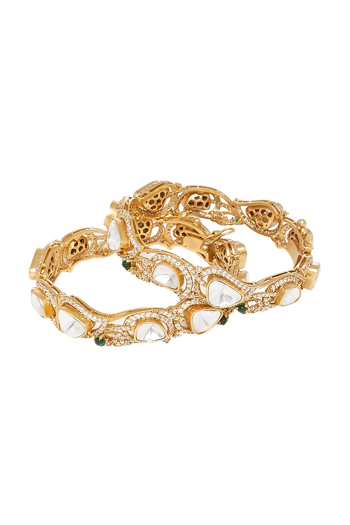 Gold Finish Kundan Polki Bangles (Set of 2) by Preeti Mohan at Pernia's Pop Up Shop