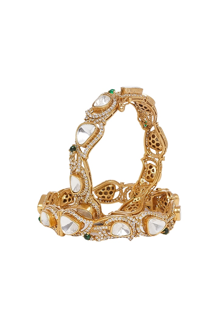 Gold Finish Kundan Polki Bangles (Set of 2) by Preeti Mohan at Pernia's Pop Up Shop