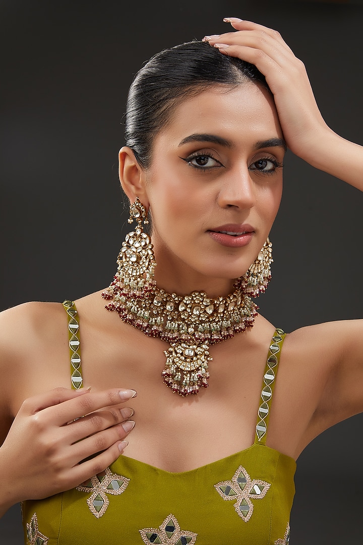 Gold Finish Kundan Polki & Green Onyx Choker Necklace Set by Preeti Mohan at Pernia's Pop Up Shop