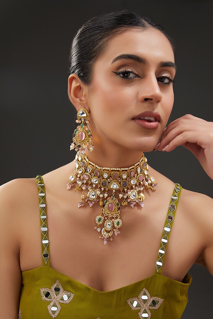 Gold Finish Kundan Polki & Pearl Choker Necklace Set by Preeti Mohan at Pernia's Pop Up Shop