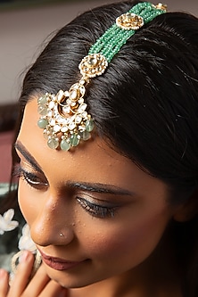 Gold Finish Kundan Polki & Green Onyx Maang Tikka by Preeti Mohan-MAANG TIKKA