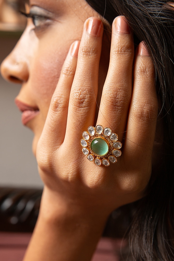 Gold Finish Kundan Polki & Fluorite Stone Ring by Preeti Mohan at Pernia's Pop Up Shop