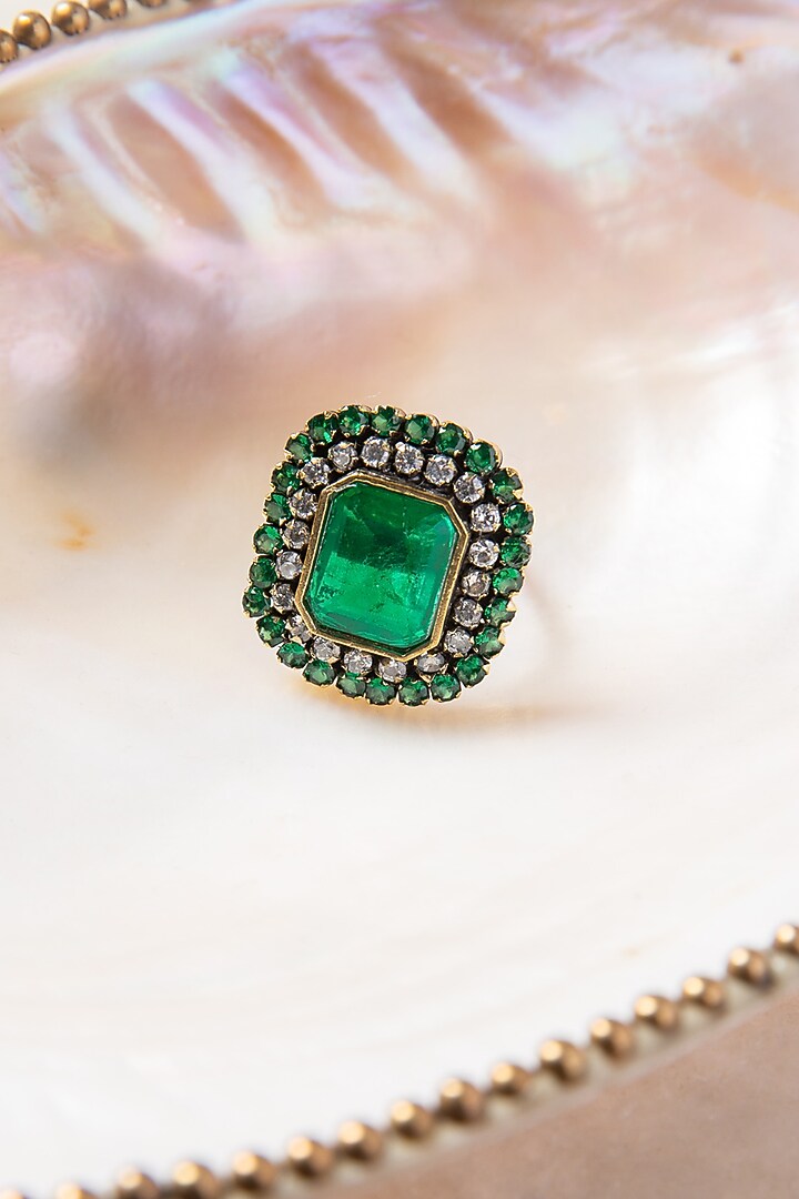 Antique Gold Finish Kundan Polki & Green Onyx Ring by Preeti Mohan at Pernia's Pop Up Shop