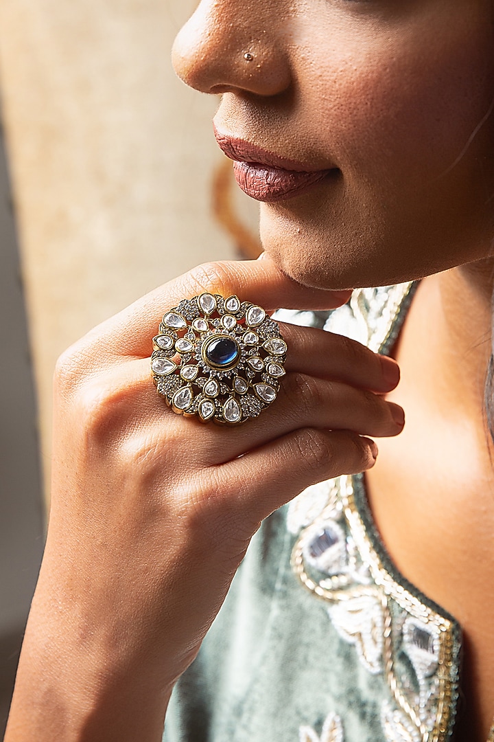 Gold Finish Kundan Polki & Blue Sapphire Stone Ring by Preeti Mohan at Pernia's Pop Up Shop