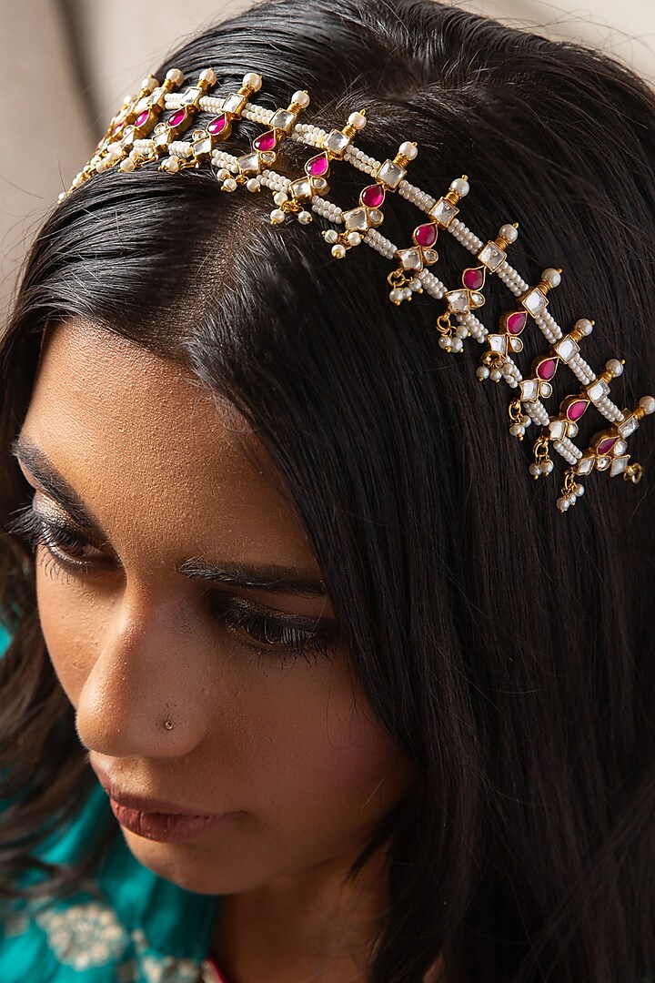 Gold Finish Red & Green Kundan Polki Sheeshphool by Preeti Mohan at Pernia's Pop Up Shop