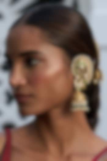 Gold Finish Green Kundan Polki & Pearl Jhumka Earrings by Preeti Mohan at Pernia's Pop Up Shop