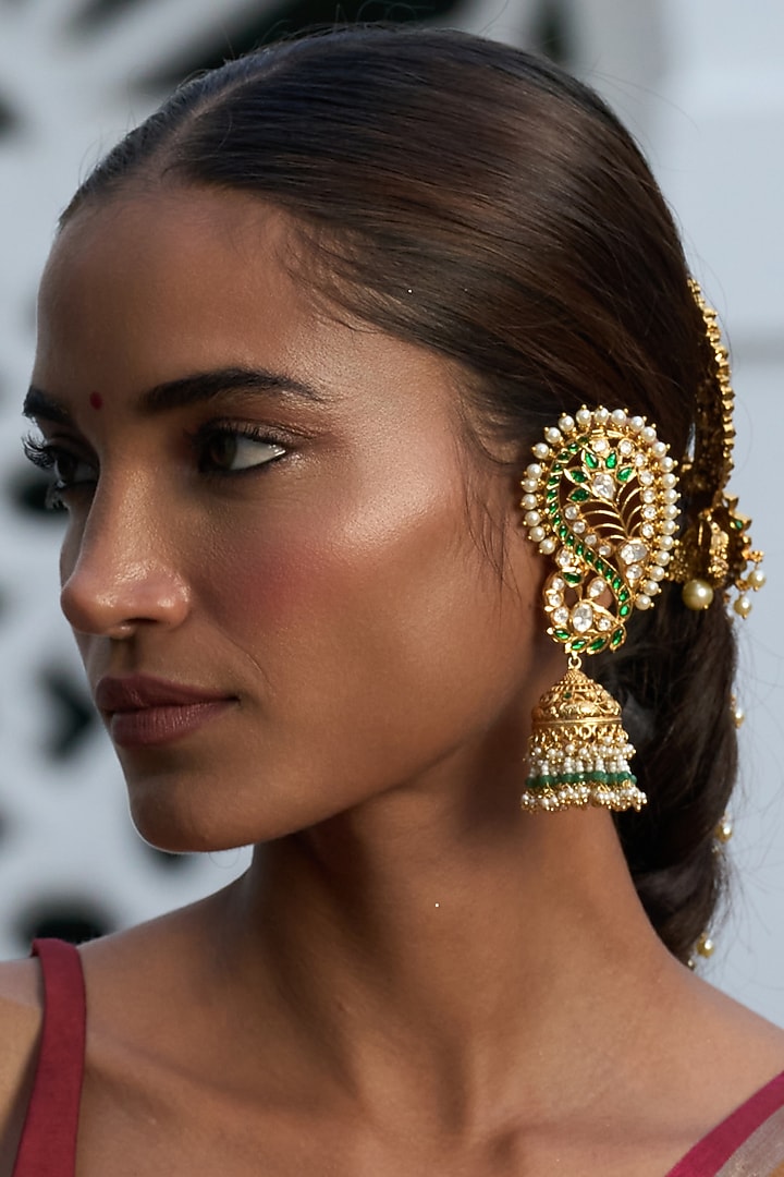 Gold Finish Green Kundan Polki & Pearl Jhumka Earrings by Preeti Mohan at Pernia's Pop Up Shop