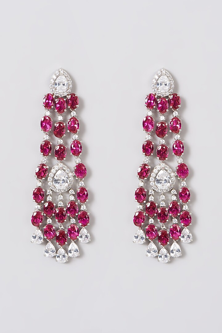 Silver Finish White & Fuchsia Dangler Earrings by Preeti Mohan at Pernia's Pop Up Shop