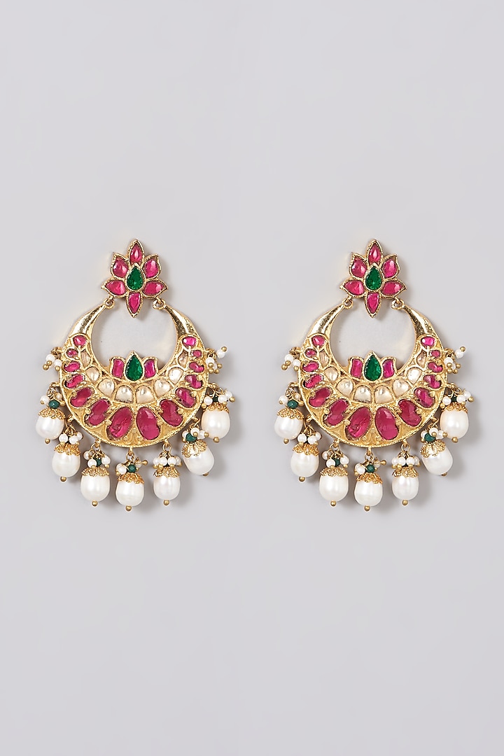 Gold Finish Green & Red Kundan Chandbali Earrings by Preeti Mohan