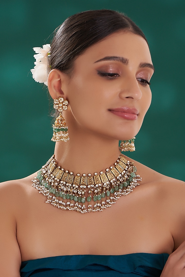 Gold Finish Green Kundan Polki Necklace Set by Preeti Mohan