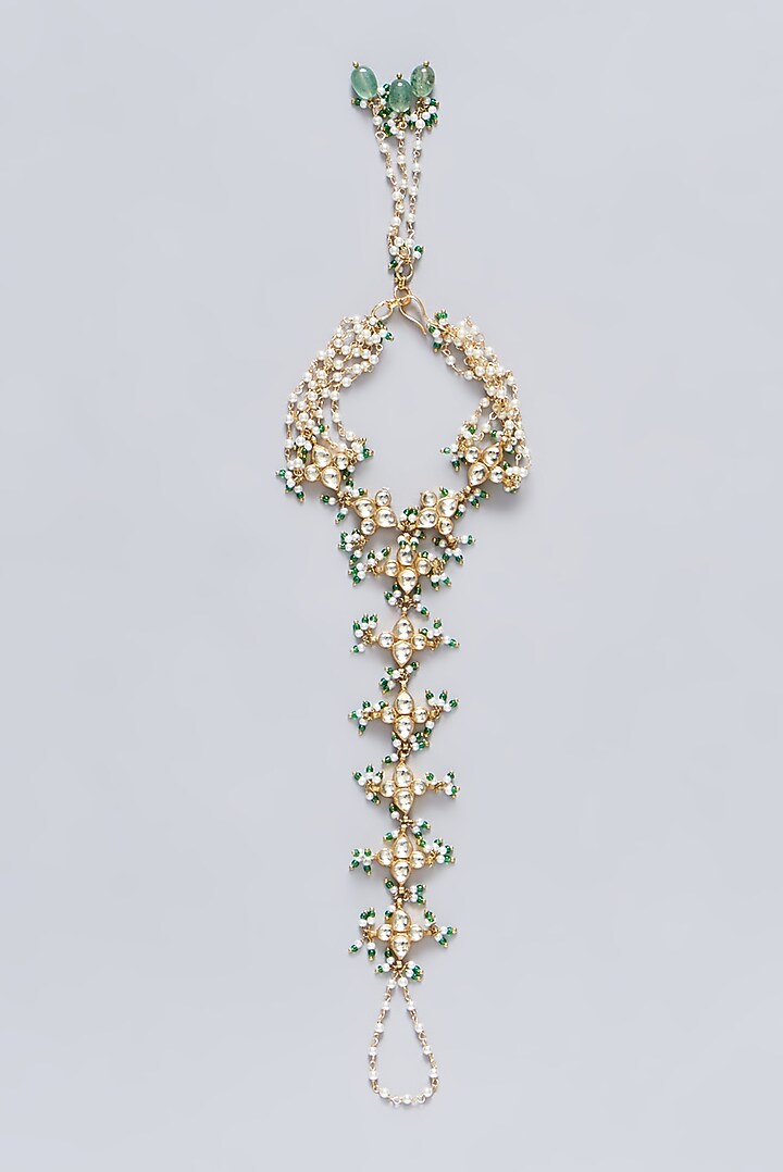 Gold Finish Green Kundan Polki Haathphool by Preeti Mohan at Pernia's Pop Up Shop