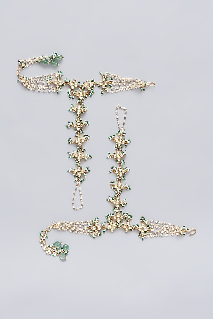 Gold Finish Green Kundan Polki Haathphool by Preeti Mohan at Pernia's Pop Up Shop