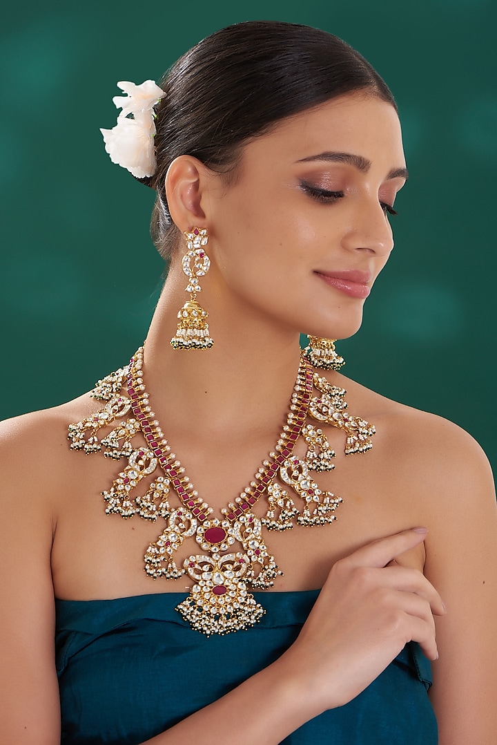 Gold Finish Kundan & Ruby Pendant Necklace Set by Preeti Mohan