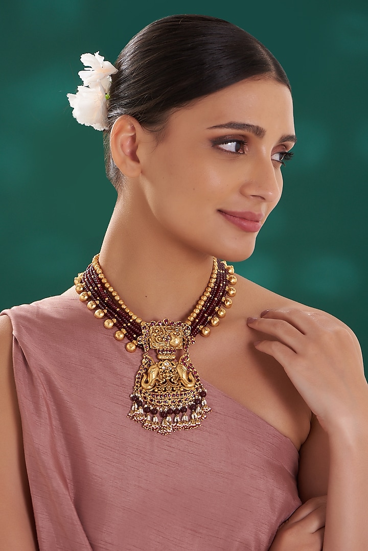 Gold Finish Ruby Temple Necklace by Preeti Mohan
