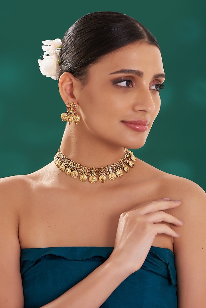 Gold Finish Red & Green Stone Temple Necklace Set by Preeti Mohan