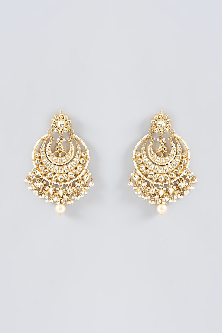 Gold Finish White Kundan Polki Chandbali Earrings by Preeti Mohan at Pernia's Pop Up Shop