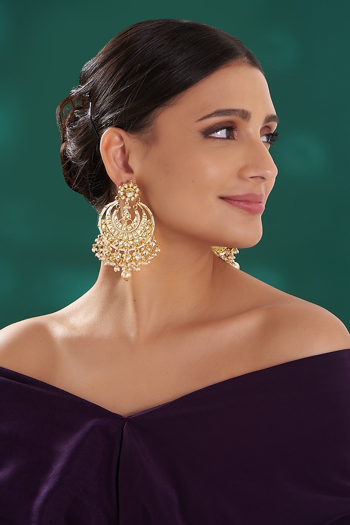 Gold Finish White Kundan Chandbali Earrings by Preeti Mohan