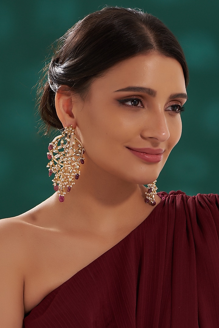 Gold Finish Kundan & Ruby Chandbali Earrings by Preeti Mohan
