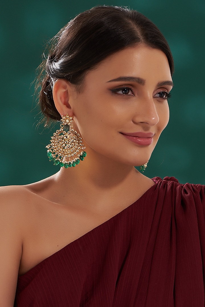 Gold Finish Green Kundan Chandbali Earrings by Preeti Mohan
