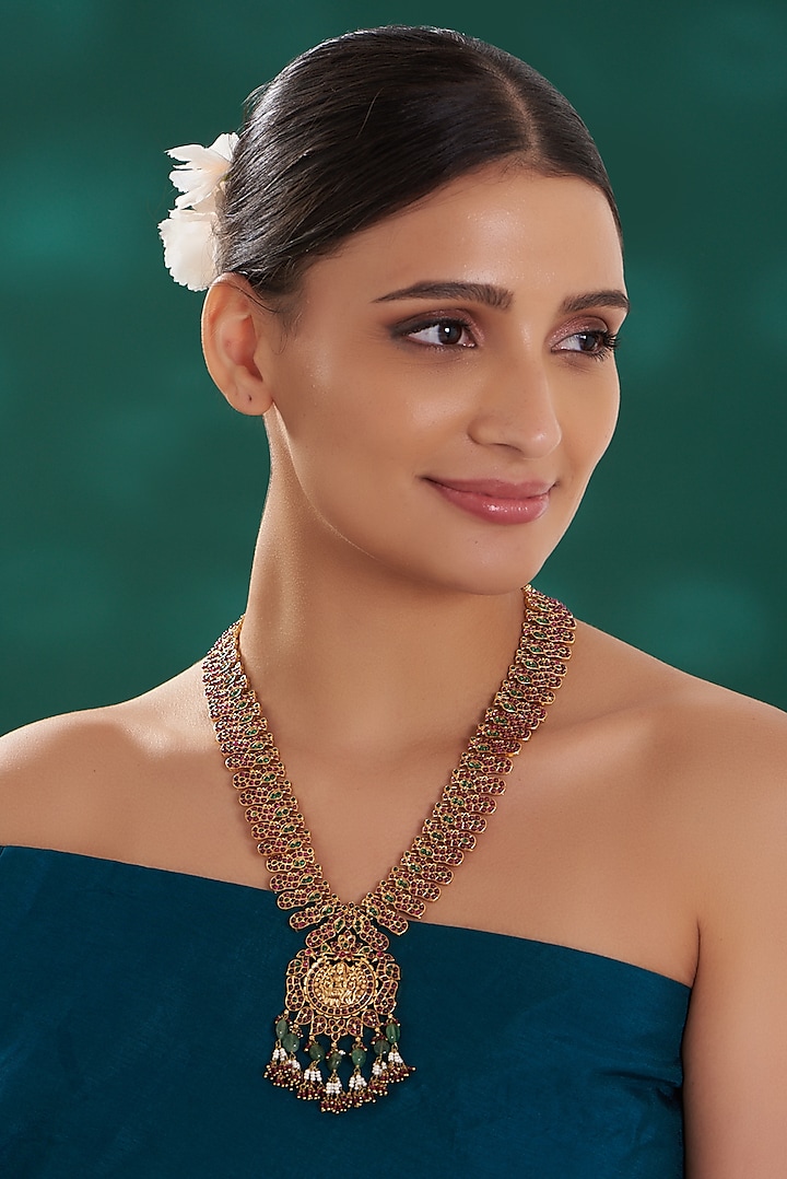 Gold Finish Ruby & Kundan Temple Necklace by Preeti Mohan