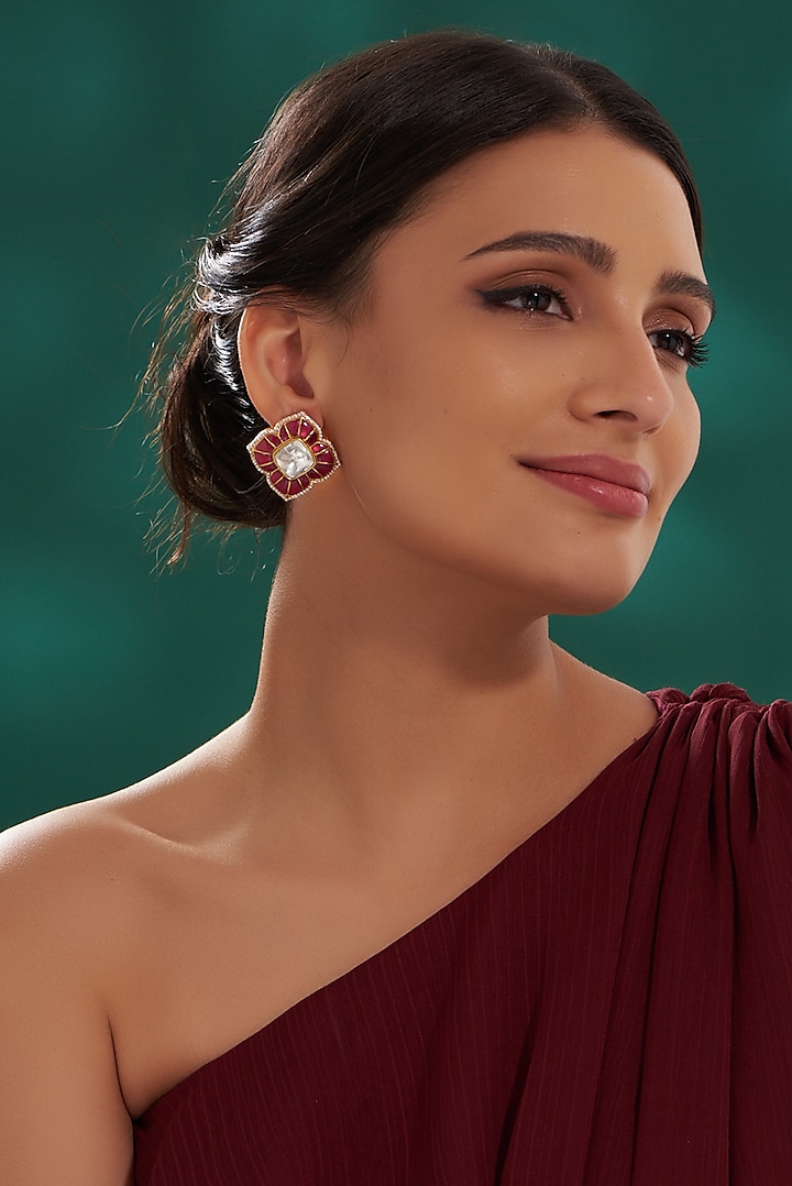 Gold Finish Ruby Stud Earrings by Preeti Mohan