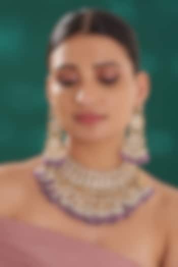 Gold Finish Purple Kundan Necklace Set by Preeti Mohan
