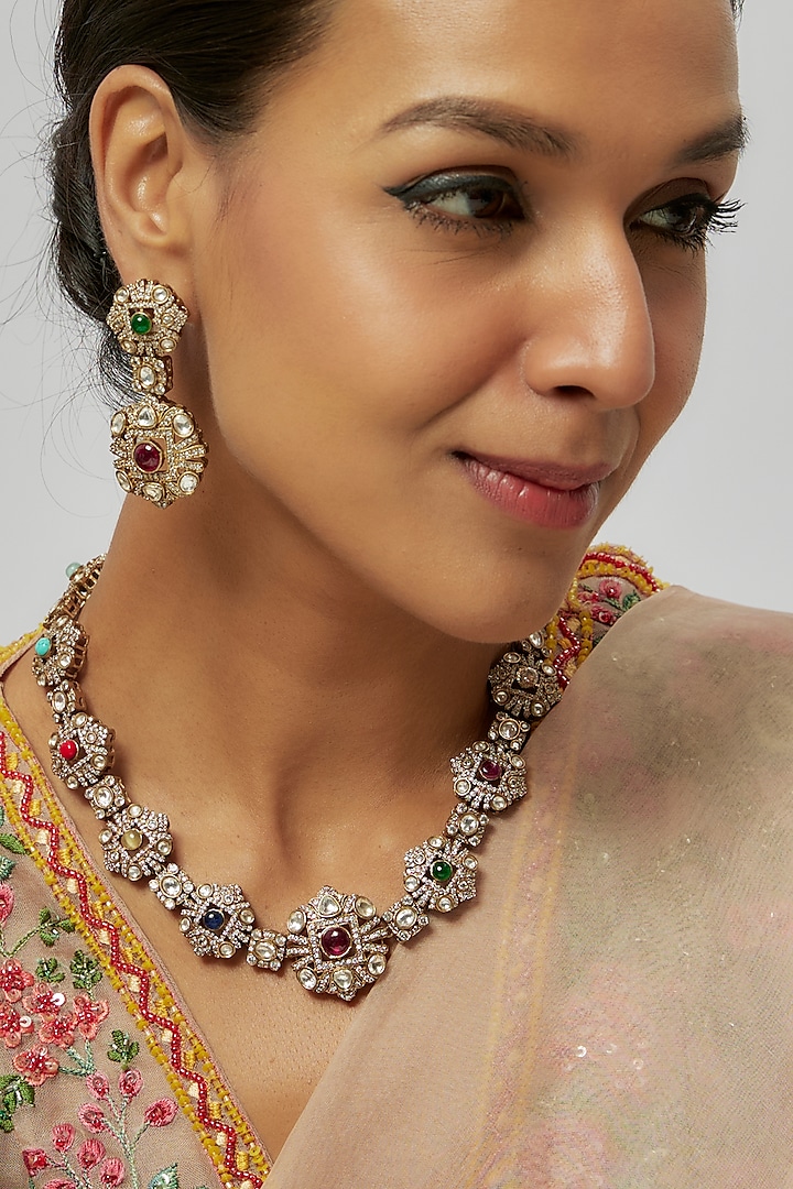 Antique Gold Finish Zircon & Navratna Polki Long Necklace Set by Preeti Mohan at Pernia's Pop Up Shop