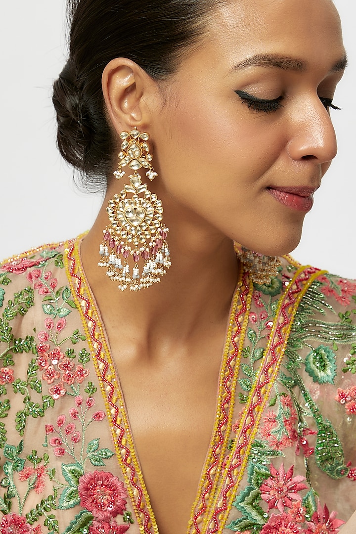 Gold Finish Kundan Polki & Pearl Drop Dangler Earrings by Preeti Mohan