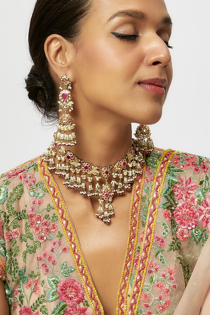 Gold Finish Kundan Polki & Red Jadau Necklace Set by Preeti Mohan at Pernia's Pop Up Shop