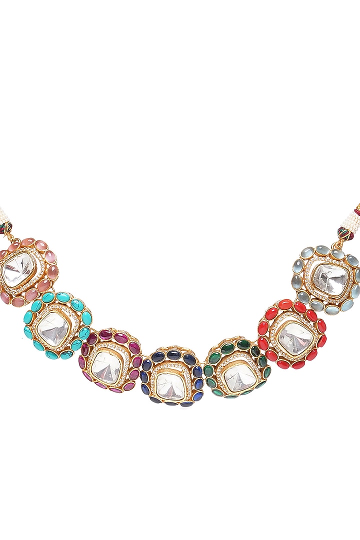 Gold Finish Kundan Polki Necklace Set by Preeti Mohan at Pernia's Pop Up Shop