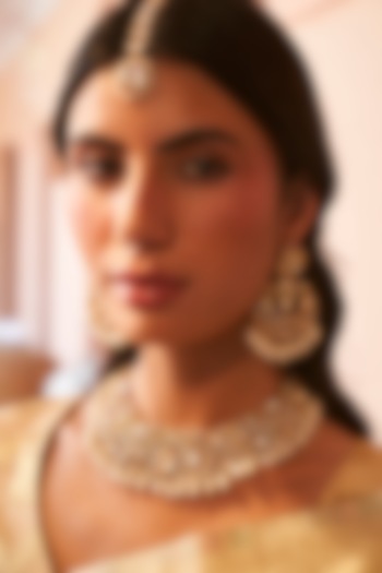 Gold Finish Moissanite Polki & Pearl Necklace Set by Preeti Mohan at Pernia's Pop Up Shop