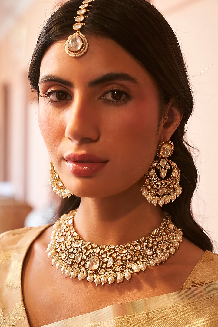 Gold Finish Moissanite Polki & Pearl Necklace Set by Preeti Mohan at Pernia's Pop Up Shop