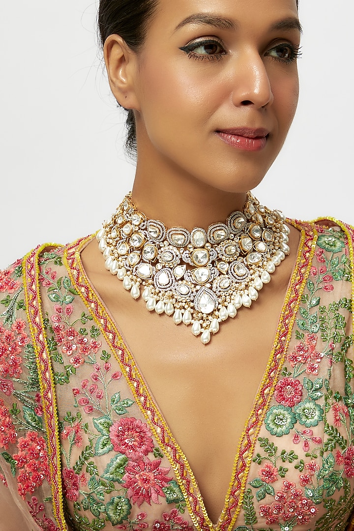 Gold Finish Kundan Polki & Pearl Drop Necklace by Preeti Mohan at Pernia's Pop Up Shop